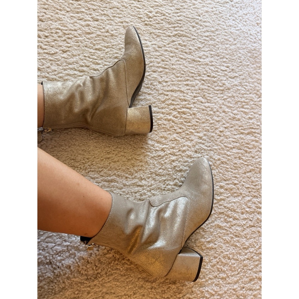New BOCAGE Gold Glitter Leather Ankle Bootie Zip Block Heel Round Toe EU 37 US 7